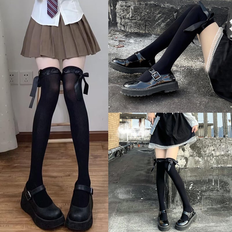 Ninejuize Thigh High Stockings with Bow, Santa Accessory Y2K Fishnet Socks with Lace Brim Lingerie Tights for Women - Image 4